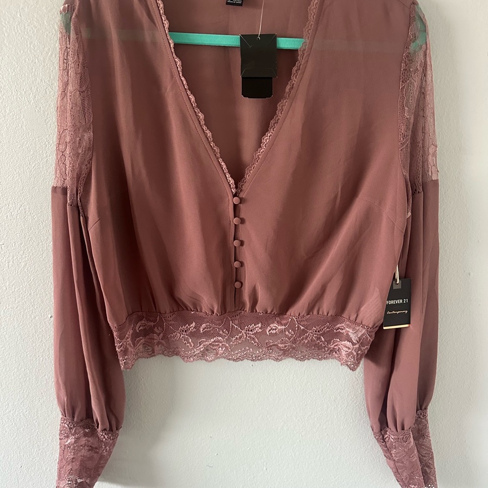 Forever 21 Mauve Woven Top with Lace Accents